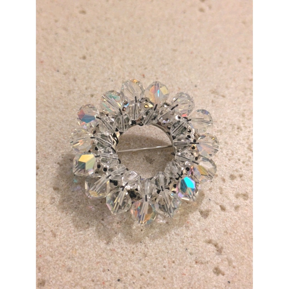 AB Aurora Borealis Beaded Wreath Brooch Bling Round Sparkles Romantic